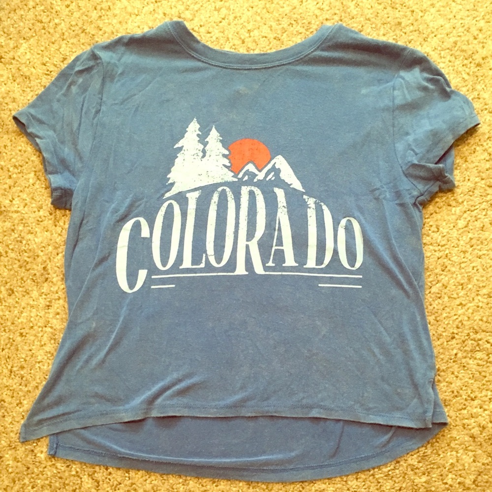 Forever 21 Blue Colorado Graphic Crop Top with Orange Sun